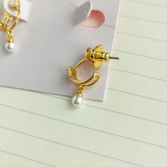 Love Game Arrow Gold Pearl Double Huggie Earrings - Kate Spade - Picture 3 of 3